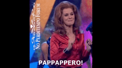 a woman in a red shirt is dancing in front of a no perditempo forum banner