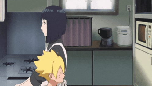 a cartoon of a woman and a boy in a kitchen with a microwave in the background