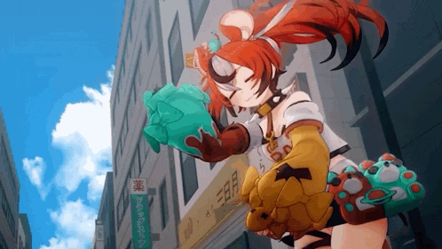 a girl with red hair is holding a green object in front of a building with a sign that says ' a ' on it