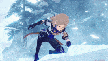 a cartoon character is kneeling down in the snow