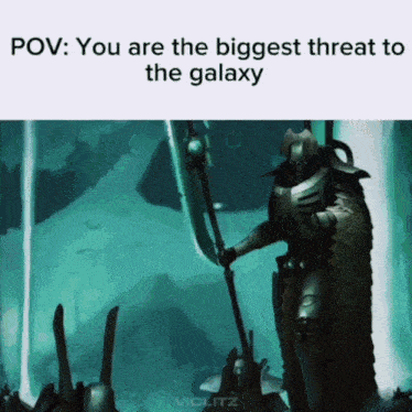 a video of a robot holding a spear that says " you are the biggest threat to the galaxy "