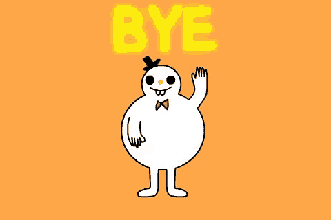 a snowman with a top hat and bow tie is waving in front of the word bye