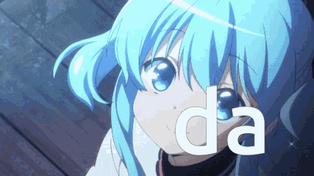 a picture of a girl with blue hair and the word da below her