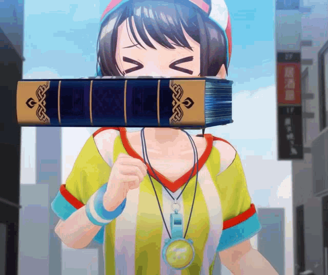 a girl with a book covering her face is wearing a whistle