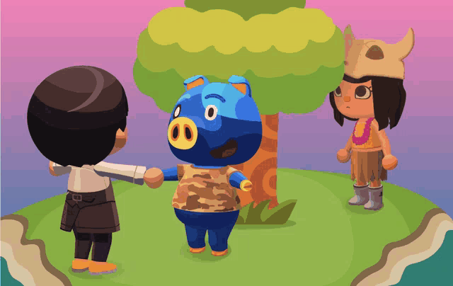 a cartoon illustration of a pig talking to two people
