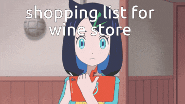 a girl with blue hair is holding a tablet with the words shopping list for wine store below her