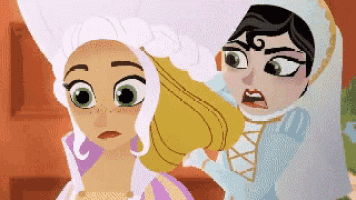 two cartoon characters are standing next to each other and one of them is wearing a wig .