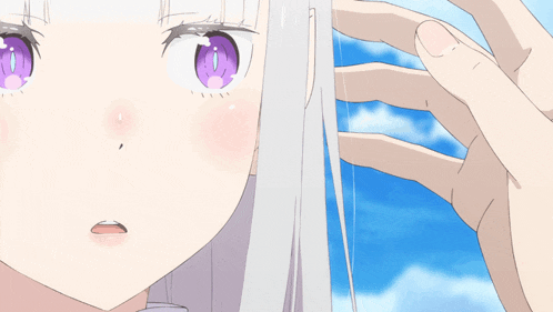 a girl with white hair and purple eyes is looking at something