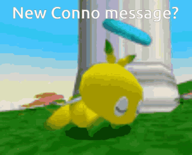 a yellow cartoon character with a frisbee on its head and the words new conno message