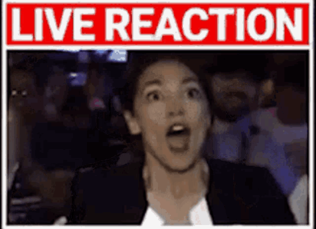 a woman with a surprised look on her face is in front of a sign that says live reaction