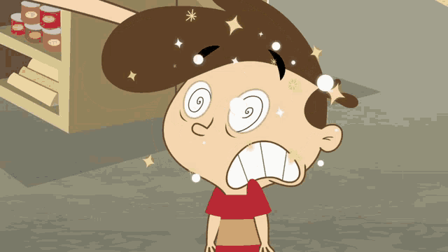 a cartoon boy with a swirl in his eyes