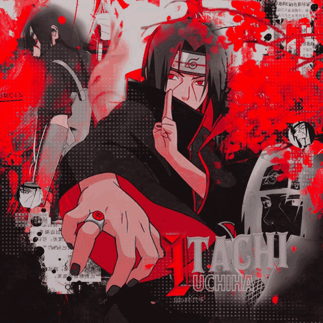 a poster of itachi uchiha with a red ring