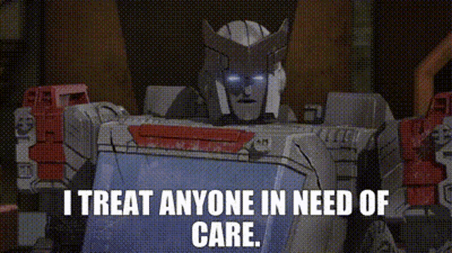 a robot with blue eyes is standing in front of a wall and says `` i treat anyone in need of care . ''