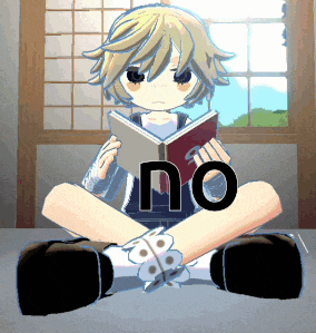 a girl is sitting on the floor reading a book with the word no written on it