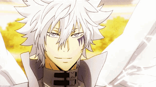 a close up of a person with white hair and a purple eye