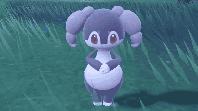 a purple and white cartoon character is standing in a field of grass