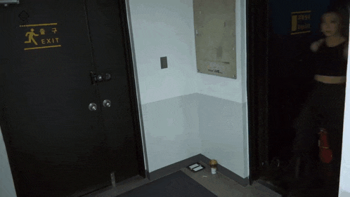 a black door with a yellow exit sign above it
