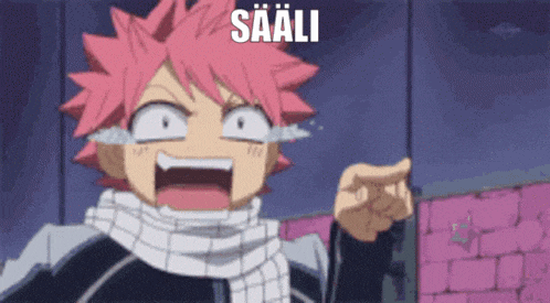 a cartoon character with a scarf around his neck is crying and pointing at someone .