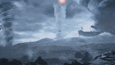 a tornado is coming out of the ocean with a ship in the distance