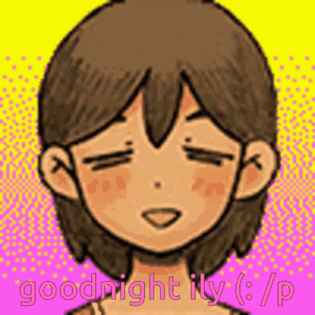 a pixel art drawing of a girl with her eyes closed and the words goodnight illy written below her
