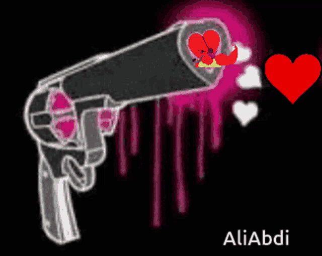 a drawing of a gun with hearts coming out of it and the name aliabdi at the bottom
