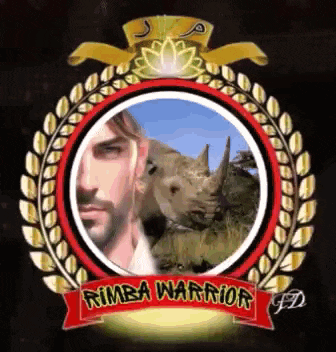 a picture of a man and a rhino with the words rimba warrior