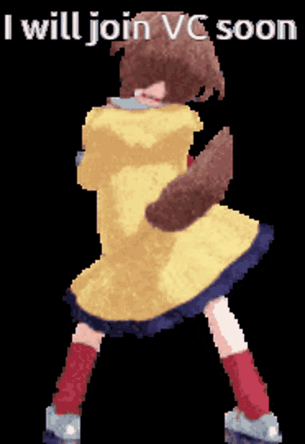 a pixel art of a girl with the words i will join vc soon on the bottom