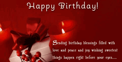 a red background with a gift and candles and the words happy birthday