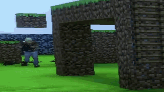 a man is standing in a minecraft world with a gun