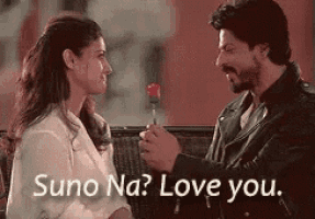 a man is holding a rose in front of a woman and says `` suno na ? love you . ''