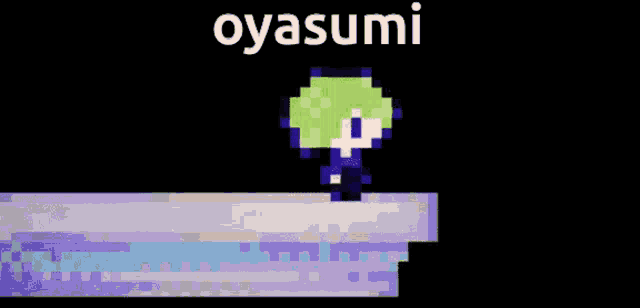 a pixel art of a person with the word oyasumi written above them