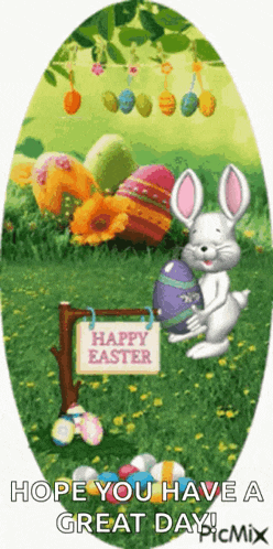 a happy easter card with a bunny holding an easter egg