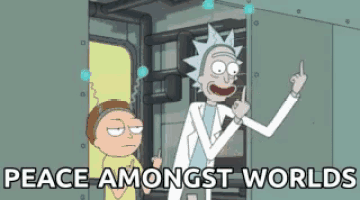 rick and morty from rick and morty are standing next to each other in a room and giving the middle finger .