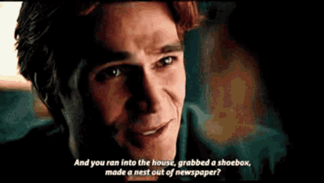 a close up of a man 's face with the words `` and you ran into the house , grabbed a shoebox