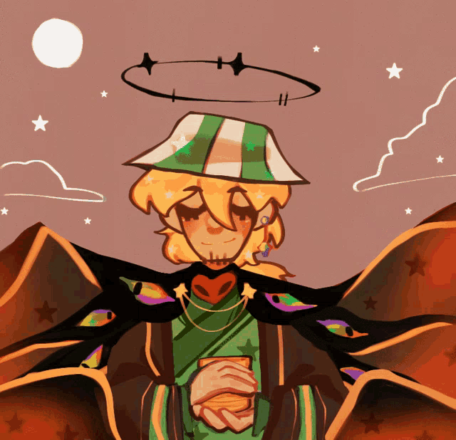 a drawing of a man with a striped hat and a halo