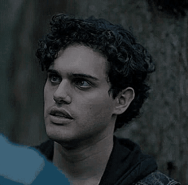 a young man with curly hair is standing in front of a tree and looking up .