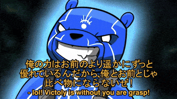 a cartoon of a blue bear with chinese writing behind him