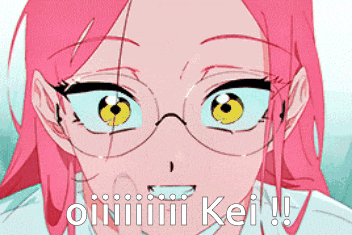 a girl with pink hair is wearing glasses and says oiiii kei !!