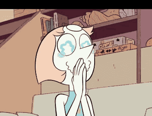 a cartoon of pearl covering her mouth with her hands in front of a box that says a game