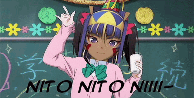a girl with a crown on her head is holding a cup in front of a chalkboard that says nito nito niiiii