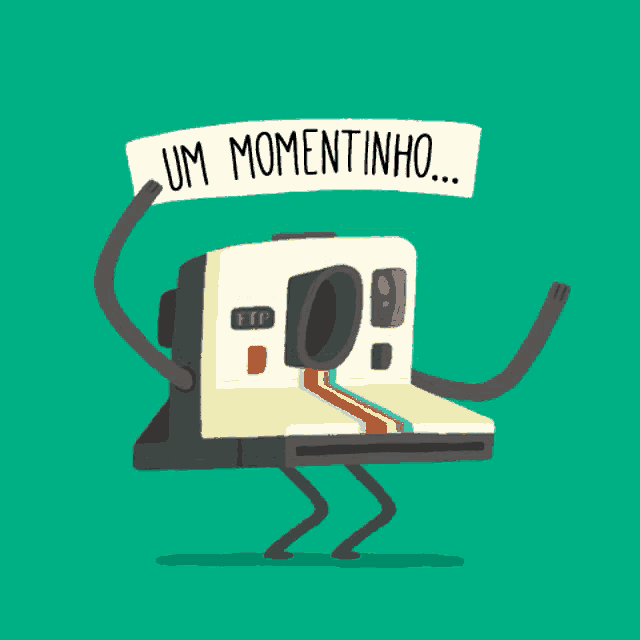 a cartoon illustration of a camera holding a sign that says um momentinho