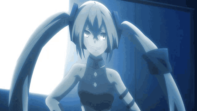 a girl with a ponytail and a black top stands in a dark room