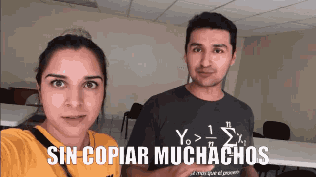 a man and a woman are standing next to each other with sin copiar muchachos written on the bottom