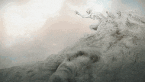 a painting of a woman reaching out towards a cloudy sky