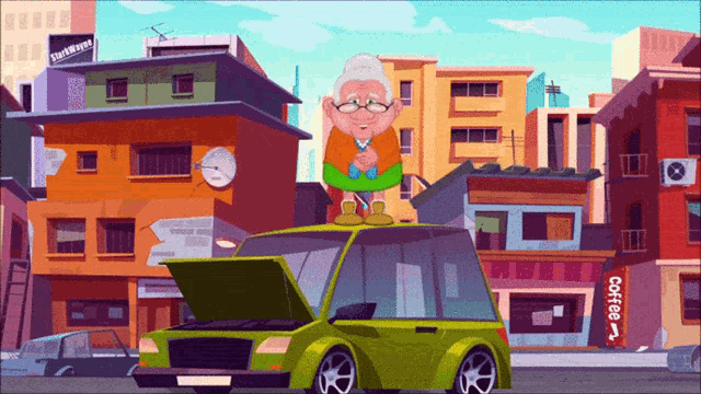 a cartoon drawing of an elderly woman standing on top of a green car
