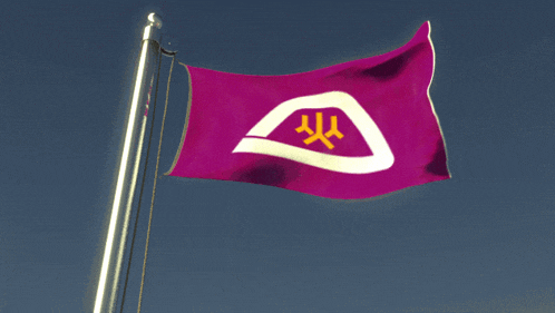 a purple flag with a white triangle and yellow letters