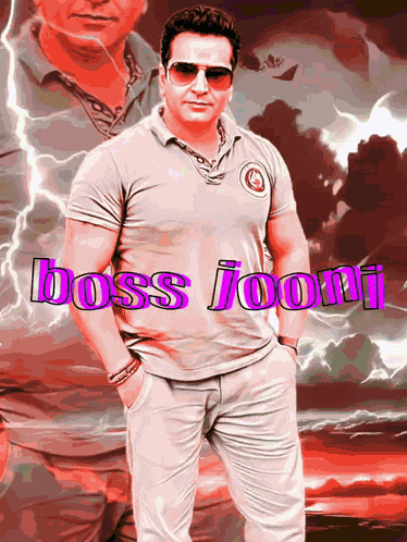 a man wearing sunglasses and a shirt that says boss jooni on it