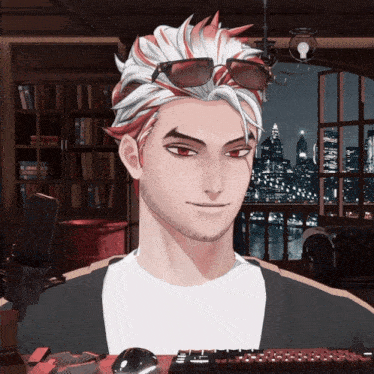 a man with red and white hair is wearing sunglasses and a white shirt