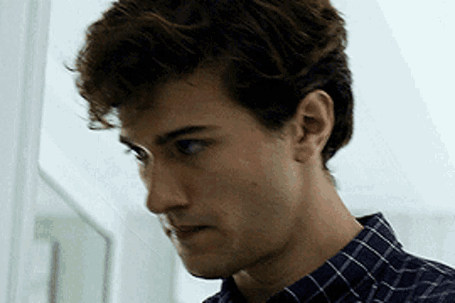 a close up of a man 's face with a plaid shirt