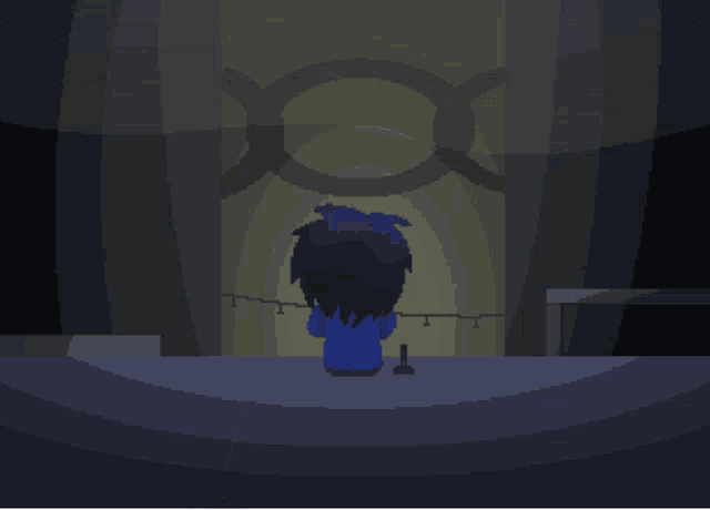 a pixel art drawing of a person in a blue sweater
